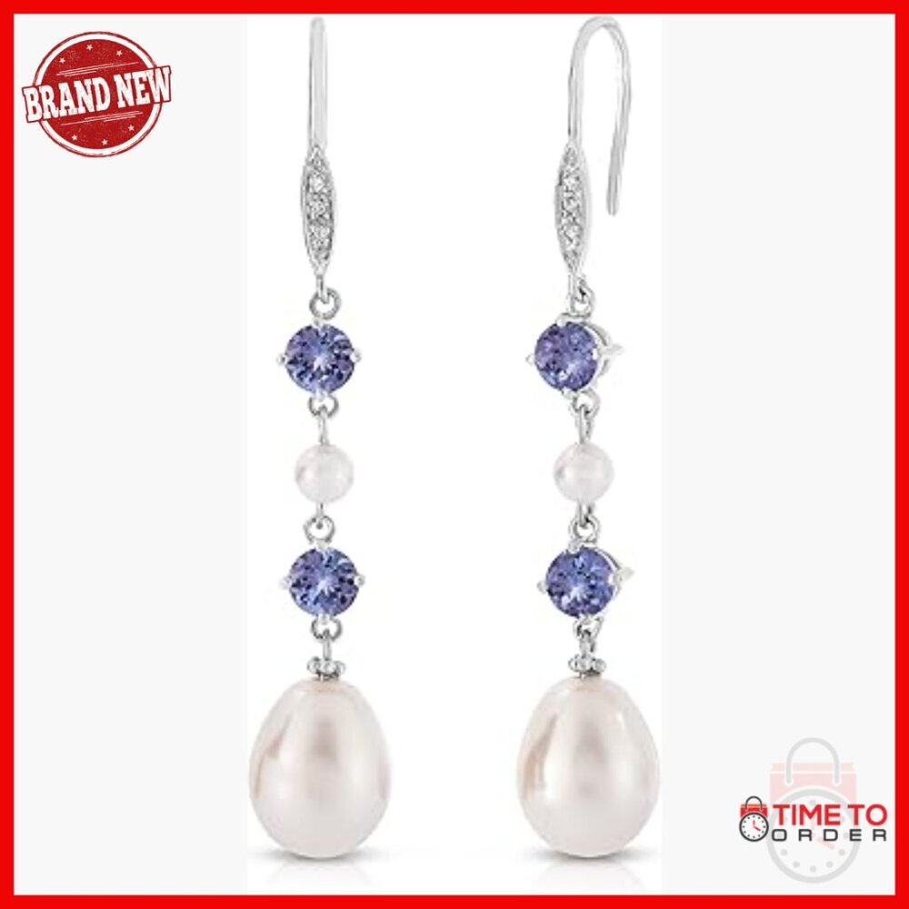 Sterling Silver Tanzanite Pearl Diamond Dangle Earrings 5cm Drop
